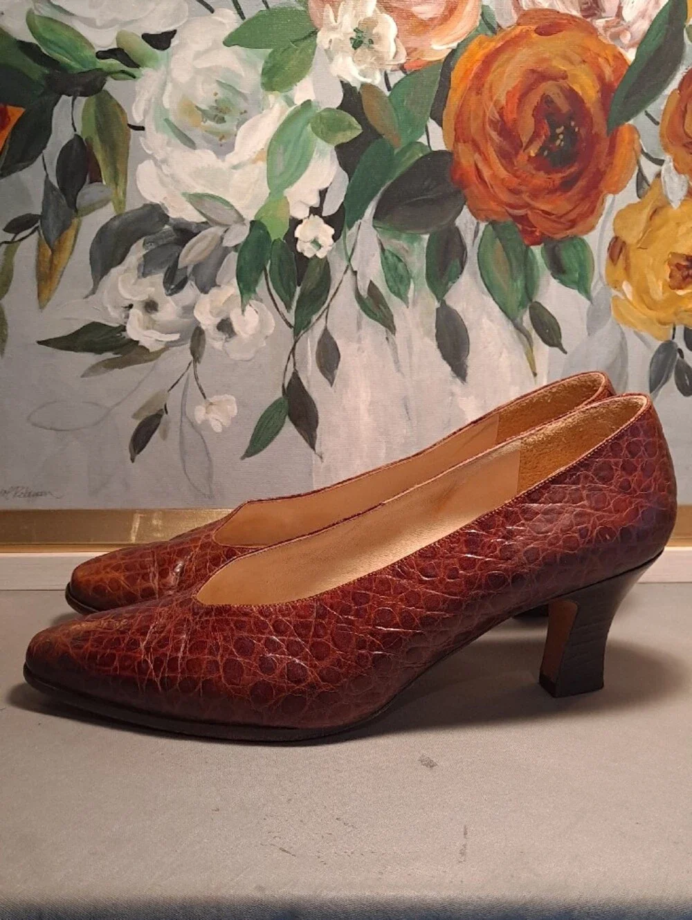 Vintage 70s Alamlfi Rangoni Monica Croc Embossed Brown Leather Pumps 8.5W Rare